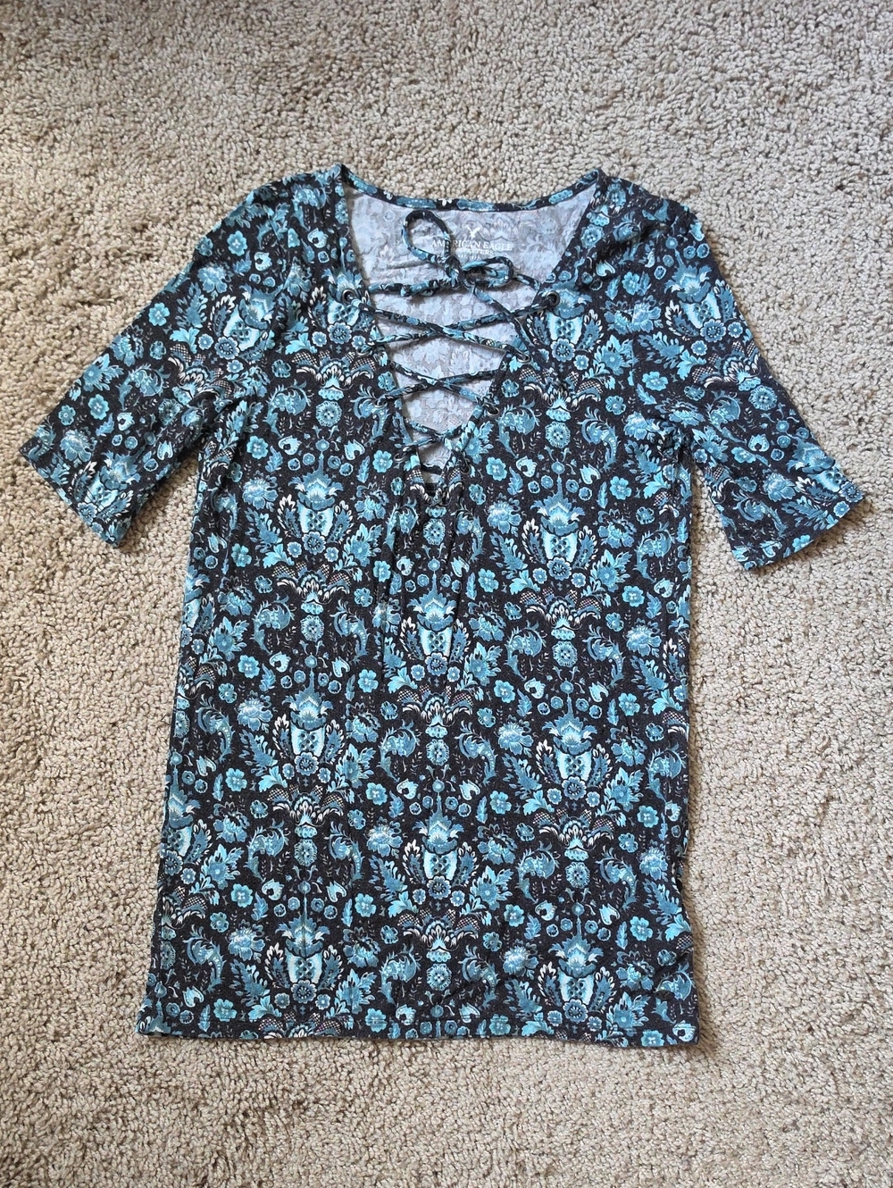 American Eagle Outfitters Teal and Black Floral Lace-Up V-Neck Tee
